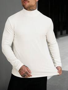 Manfinity CasualCool 男士高領長袖T恤，羅紋紋理面料，柔軟舒適親膚材質，適合初秋外穿，也可作為內搭，修身剪裁，百搭百搭風格，米色男士長袖T恤，休閒舒適百搭，適合外出、街拍、居家、旅行、度假、日常穿著等 - 杏色 - 查看 5
