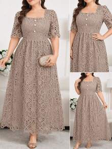 Reflora Vestido de Talla Grande unicolor con Manga Abullonada y Botones de Perla - Caqui - Ver 1