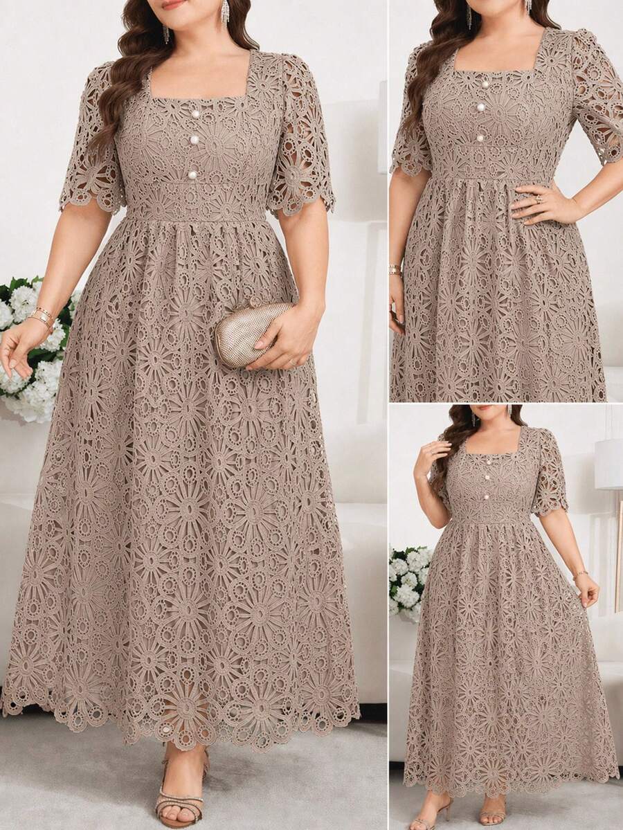 Reflora Vestido de Talla Grande unicolor con Manga Abullonada y Botones de Perla - Caqui - Ver 1