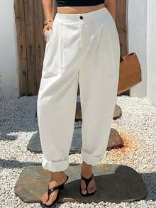 Dazy Tall Curve Solid Color Casual Fun Commute Harem Pants, Tall Women's Versatile White Plus Size Casual Pants, All Season - White - View 4