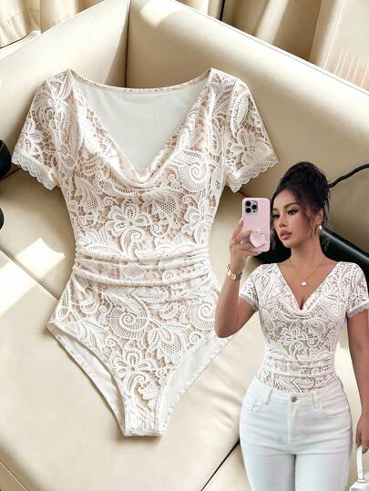 Selianne Body elegant de damă pentru primăvară/vară, din dantelă albă, cu decolteu în V, mânecă scurtă, mulat, cu talie strânsă, potrivit pentru vacanță, călătorii, întâlniri, petreceri, purtare zilnică și cumpărături
