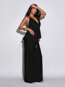 Normani Women's Solid Color Halter Tie Backless Top And Wide Leg Pants Casual Sexy Daily 2-Piece Set Club Night Out Vacation Black Summer - Black - View 6