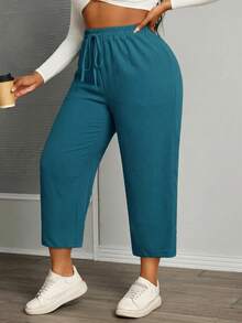 SHEIN PETITE CURVE 女款大尺碼休閒百搭純色長褲 - 水鴨藍 - 查看 5