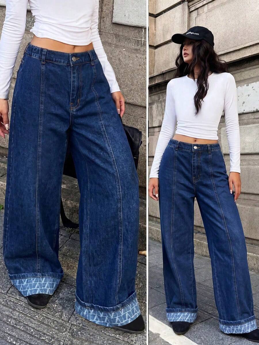 SHEIN 女童粉色時尚格紋印花簡約休閒水洗牛仔長褲 - 彩色 - 查看 1
