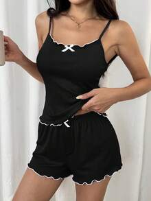SHEIN Đồ ngủ INS Minimalist màu tím có gân dành cho nữ, phù hợp mặc thường ngày và mặc ngủ - màu đen - Xem 3