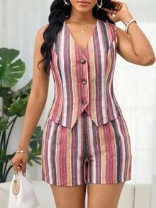 SHEIN Lady 女款V領粉黃拼色單排扣上衣與短褲休閒日常兩件套，適合早午餐、度假、夏季 - 彩色 - 查看 1