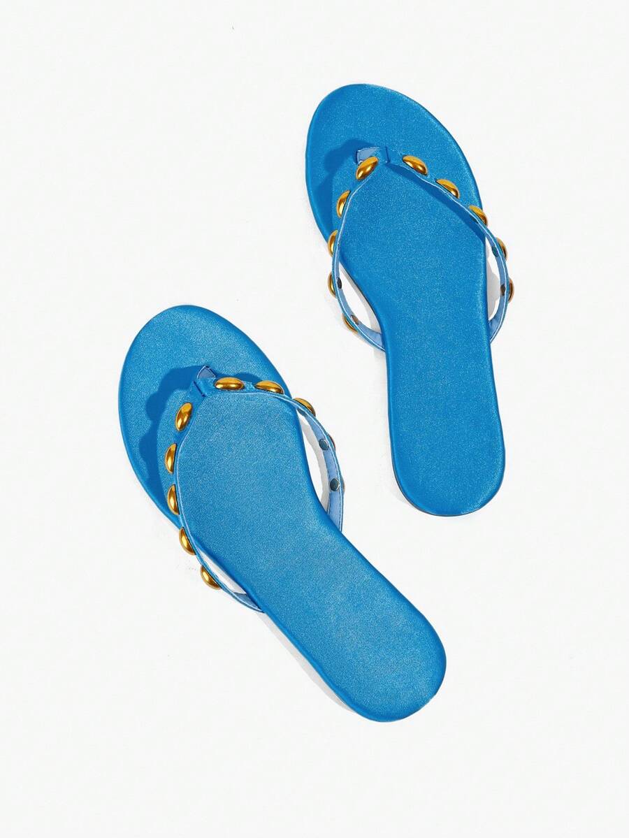 Grefit Sapphire Blue Riveted Flip-Flops With Bold And Avant-Garde Styling, Suitable For Holiday Style, Spring Street Wear Or Relaxed Summer Guest Styling - Blue L - View 1