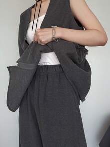 FRIFUL 女款深V領上衣與長褲深灰色套裝 西式休閒優雅女裝 教師節 辦公室 早午餐 夏季 - 灰色 - 查看 6