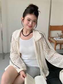 Dazy Plus Plus Size Women Lace Lantern Sleeve Open Front Loose Jacket, See-Through Lantern Sleeve Long Sleeve Casual Top, Spring/Summer/Autumn - Apricot - View 5