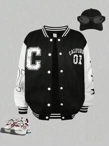 SHEIN Explorewe Streecool 青少年女孩秋冬休閒舒適時尚設計日常百搭字母數字卡通圖案棒球夾克 - 黑色 - 查看 4