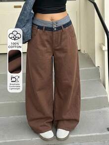 Dazy Plus Fashion Casual Contrast Color Patchwork Waistband 3-Button Decor Loose Straight Leg Long Plus Size Women's Jeans All Season - Brown - View 1