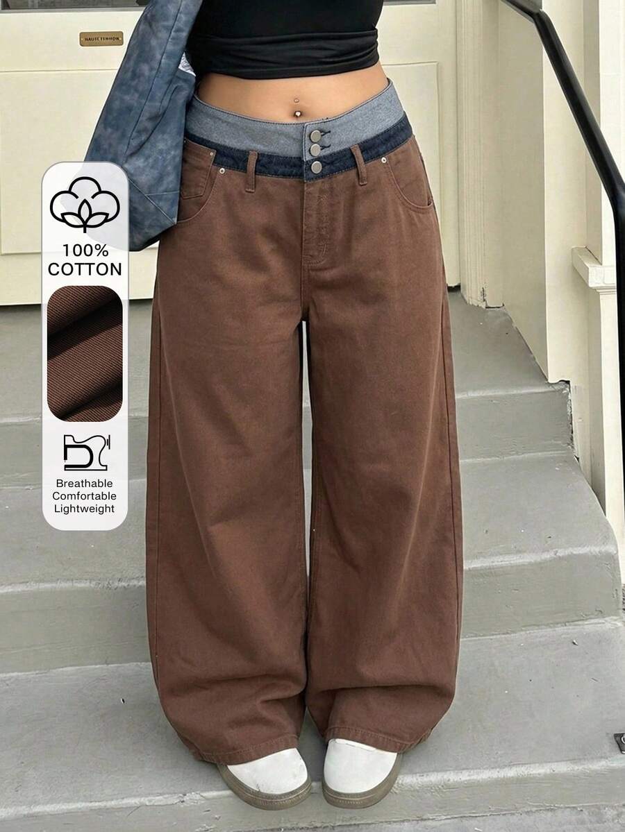 Dazy Plus Fashion Casual Contrast Color Patchwork Waistband 3-Button Decor Loose Straight Leg Long Plus Size Women's Jeans All Season - Brown - View 1