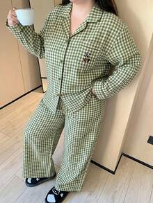 Dazy Plus 格子宽松睡衣套装，家居服套装，四季皆宜 - 薄荷綠 - 查看 4