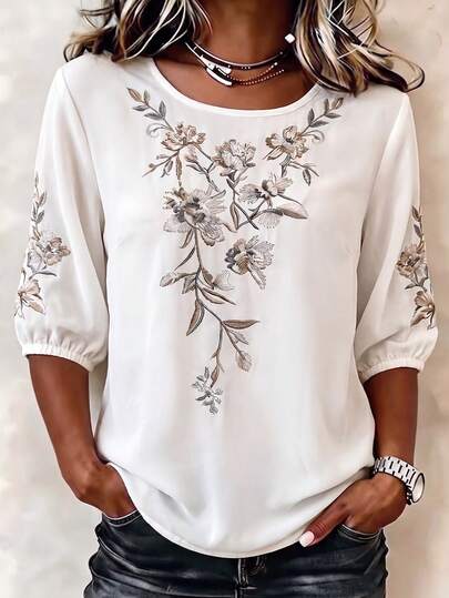 SHEIN Women's Floral Embroidered Blouse, Round Neck 3/4 Sleeve Elastic Cuff Casual Top