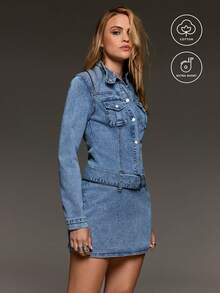 BAD SUNDAY Women'S Short Denim Dress With Front Pocket, Button-Down Front, Metal Buckle Belt Teacher Outfits Elegant Dresses - Medium Wash - View 3