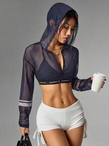 Easithlete Easithlete 女款字母印花短版拉鍊透視網紗連帽運動衛衣 - 藏蓝色 - 查看 3