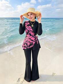 Swim Shayni 女款拼色長袖上衣與喇叭褲布基尼兩件式泳衣套裝，適合夏季度假海灘 - 黑色 - 查看 3