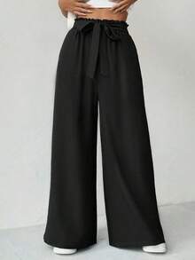 Elenzga Plus Size Solid Black Paperbag Waist Self Tie Bow Ultra Wide Leg Long Pants With Side Pockets Women Summer Casual Textured Trousers - Multicolor - View 5