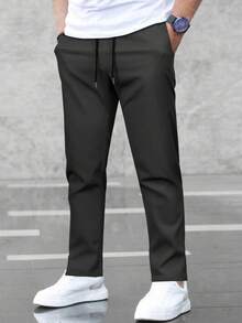Manfinity Homme Men Solid Drawstring Waist Pants, For Fall - Black - View 3