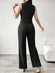 Modelyn Fashionable Double-Breasted Blue Women's Suit Set - Black - View 2