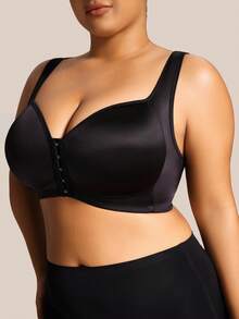 SHEIN 1 pieza Sujetador de talla grande con cierre delantero, tirantes anchos y cobertura completa - Negro - Ver 4