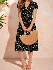 Amorya Women's Floral V-Neck Pocket Elegant Vacation Dress - Black - View 4
