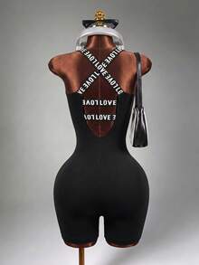 Mistrie Letter Print Strap Cross Back Sleeveless Slim-Fit Athletic Romper Sports - Black - View 2