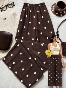 Franclia French Vintage Brown Polka Dot Wide Leg Pants, High Waist Draped Loose Slimming Thin Casual Long Pants Fall - Brown - View 1