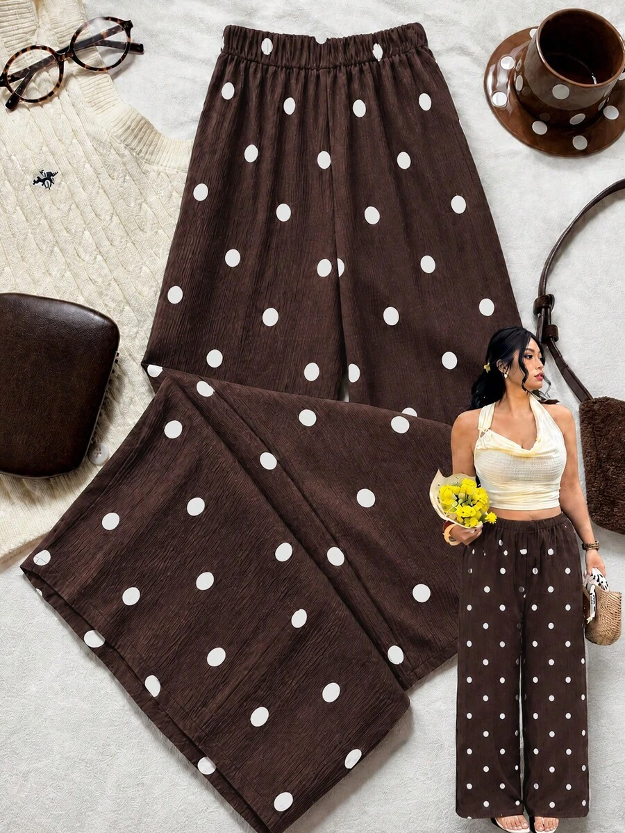 Franclia French Vintage Brown Polka Dot Wide Leg Pants, High Waist Draped Loose Slimming Thin Casual Long Pants Fall - Brown - View 1