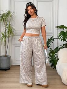 SHEIN EZwear 女款大尺碼休閒豹紋短版短袖T恤與寬腿褲兩件套 - 彩色 - 查看 5