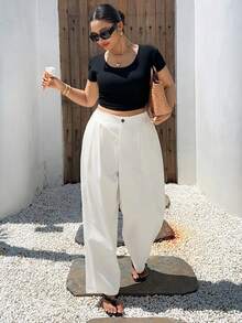 Dazy Tall Curve Solid Color Casual Fun Commute Harem Pants, Tall Women's Versatile White Plus Size Casual Pants, All Season - White - View 8