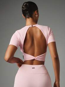 Missguided x Playboy Bunny Logo Crop Top With Open Back Detail And Crew Neck Short Sleeve Fitted Style - Pink - View 2