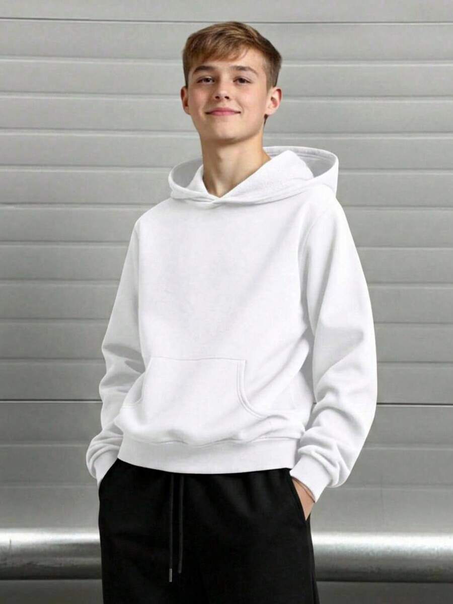 SHEIN 青少年男孩休閒寬鬆舒適百搭素色運動衫 - 白色 - 查看 1