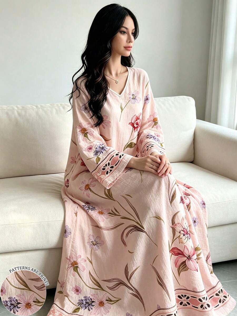 SHEIN Najma 花卉與幾何蕾絲印花淺粉色長洋裝,女款時尚V領長袖洋裝,女款長款花卉洋裝,春夏優雅洋裝,阿拉伯風格女裝 - 彩色 - 查看 1