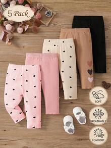 SHEIN Vintaside Kids 5件套女宝宝可爱爱心打底裤，柔软舒适，弹性十足，亲肤透气，秋冬季必备，多种颜色可选 - 彩色 - 查看 1