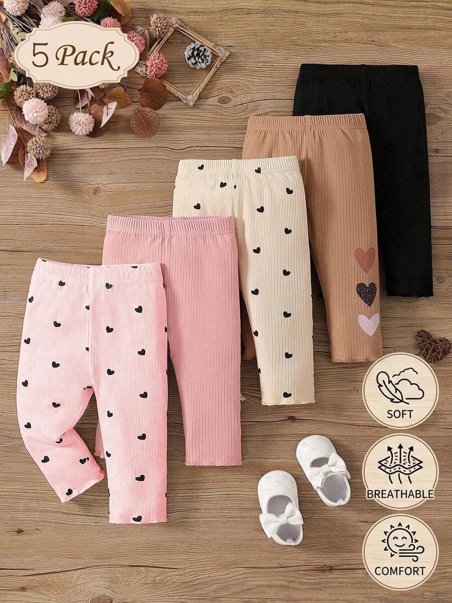 SHEIN Vintaside Kids 5件套女宝宝可爱爱心打底裤,柔软舒适,弹性十足,亲肤透气,秋冬季必备,多种颜色可选 - 彩色 - 查看 1