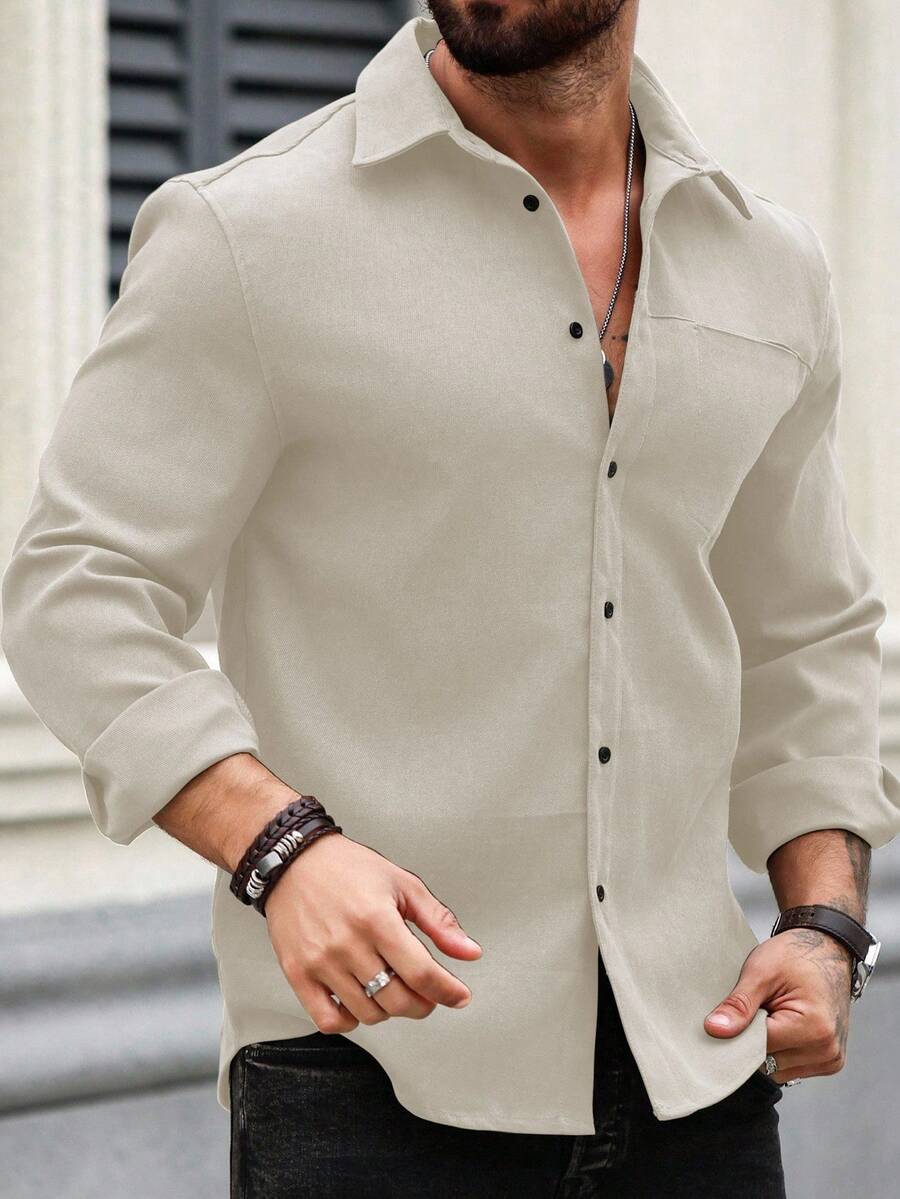 Manfinity Homme Men Spring Casual Solid Color Long Sleeve Shirt, Fall, Formal - Apricot - View 1