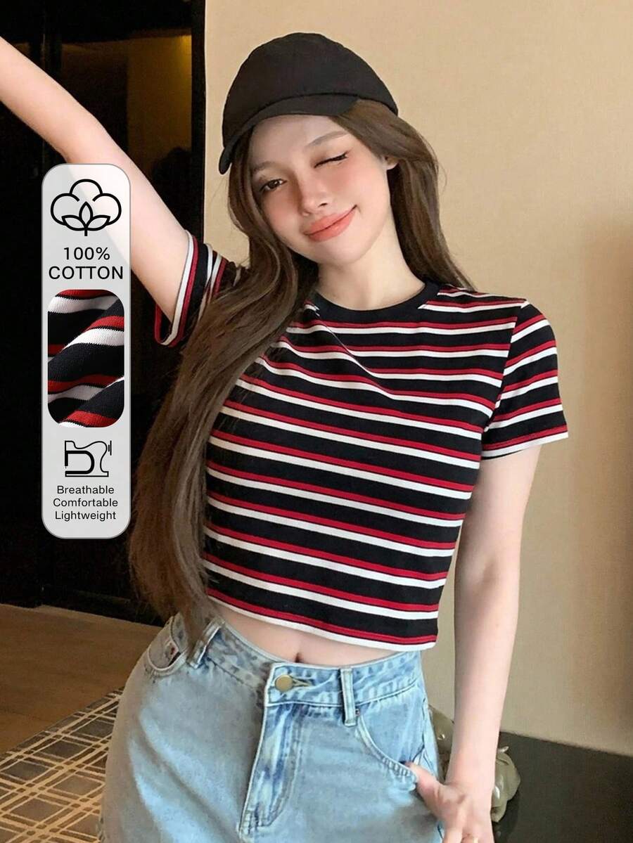 DAZY 春夏修身黑白條紋拼色休閒街頭風女款短袖打底T恤,適合日常上學穿著 - 紅色 - 查看 1