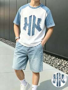 SHEIN Teen Boys Short Sleeve Crew Neck T-Shirt + Pocket Shorts 2pcs Set - Multicolor - View 1