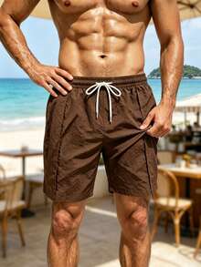 Manfinity KASUA Men's Plus Size Solid Color Drawstring Waist Casual Vacation Beach Shorts - Coffee Brown - View 5