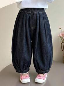 SHEIN 女嬰時尚休閒款柔軟深藍色牛仔寬鬆錐形牛仔褲，秋冬開學季日常穿搭 - 深色水洗藍 - 查看 3