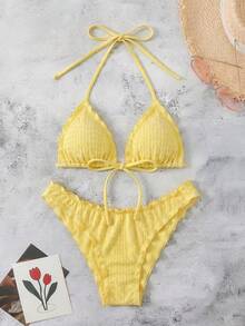 SHEIN Swim 女款夏季波點印花性感細肩帶蝴蝶結比基尼兩件式泳衣海灘度假套裝 - 黃色 - 查看 5