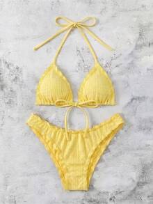 SHEIN Swim 女款夏季波點印花性感細肩帶蝴蝶結比基尼兩件式泳衣海灘度假套裝 - 黃色 - 查看 6