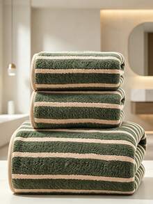 Cirelle 1pc/3pcs Ultra Soft Microfiber Bath Towel, Super Absorbent Quick Dry Striped Bath Towels, Thick Plush Polyester Face Hand Towels For Bathroom, Gym, Hotel, Home Decor - Dark Green - View 11