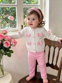 SHEIN 嬰兒/幼兒（女童）灰色羅紋長袖開襟外套，大花裝飾，搭配純色長褲 2 件套，春秋休閒日常寬鬆穿搭 - 粉色 - 查看 5