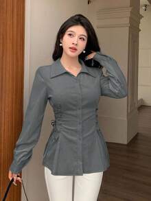Modelyn 時尚百搭純色交叉繫腰上衣 - 深灰色 - 查看 6