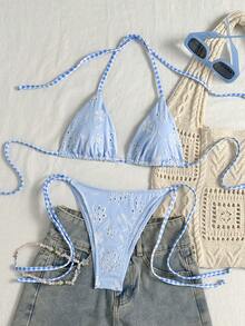 Swim Vcay Women's Light Blue Floral Special Fabric Halter Neck Spaghetti Strap Top And Side Tie Triangle Bikini Bottom Swimwear Set Beach Vacation Summer Cute - Blue - View 6