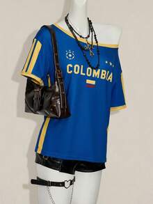 SHEIN ICON Y2K 暗黑復古 Grunge 風格十字印花露肩寬鬆休閒 T-shirt - 藍色 - 查看 4