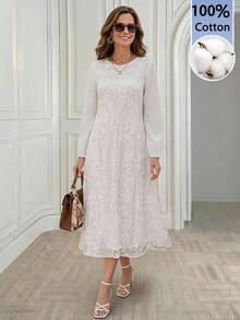 Miaspire Middle-Aged Women's Contrast Lace Round Neck Long Sleeve Elegant Dress - White - View 7