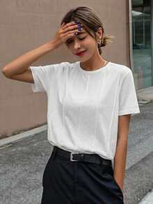 DAZY 夏季拼接白色打底上衣休閒基礎款寬鬆度假短袖女款T恤日常上學穿搭 - 白色 - 查看 6